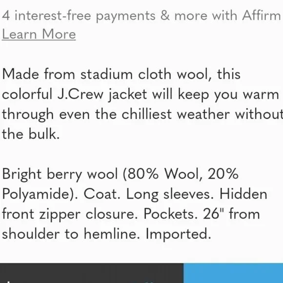 J CREW Stadium Coat Nelli Gori Italian Stadium Cloth Wool Blend
